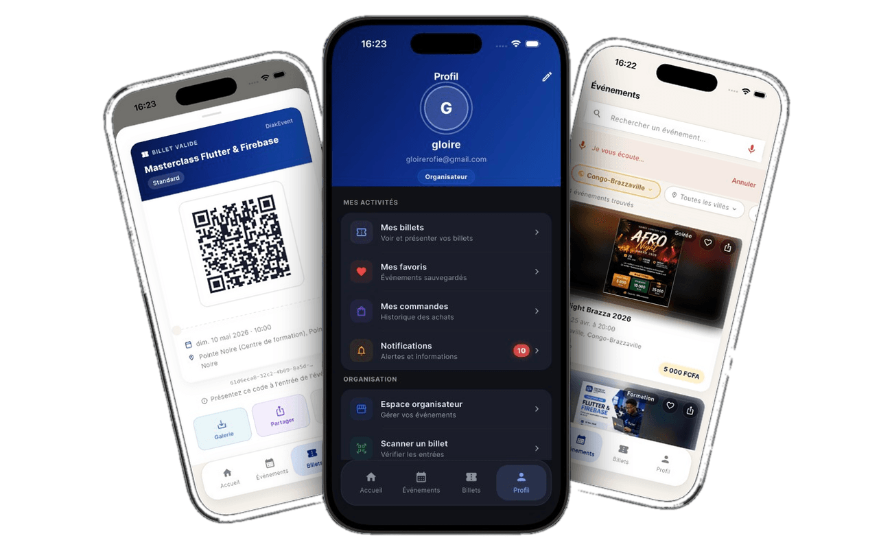 Aperçu de l'application DiakEvent : billet avec QR code, profil organisateur et liste des événements